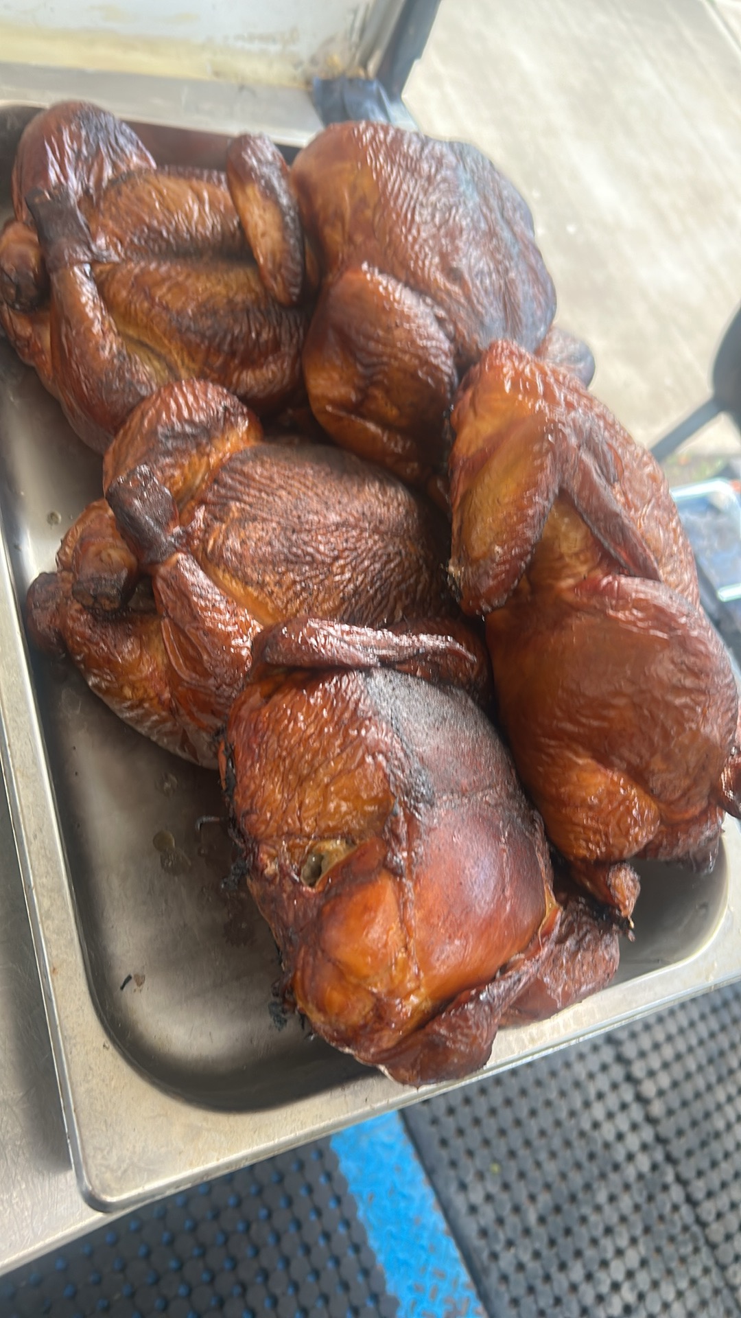 Smoked chickens from the smoker trailer